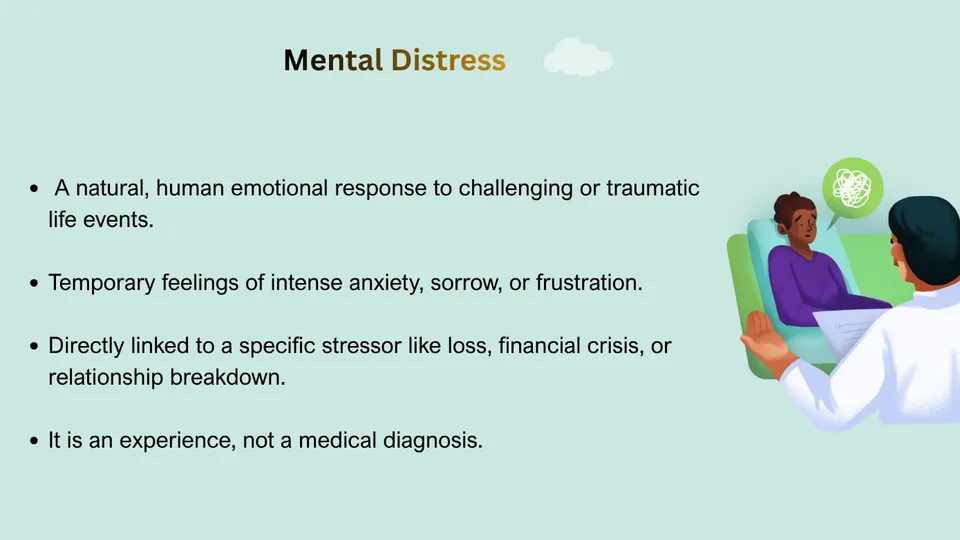 Mental Distress Anatural, human emotional response to challenging or traumatic life events. Temporary feelings of intense anxiety, sorrow, or frustration. Directly linked to a specific stressor like loss, financial crisis, or relationship breakdown. Itis an experience, not a medical diagnosis.